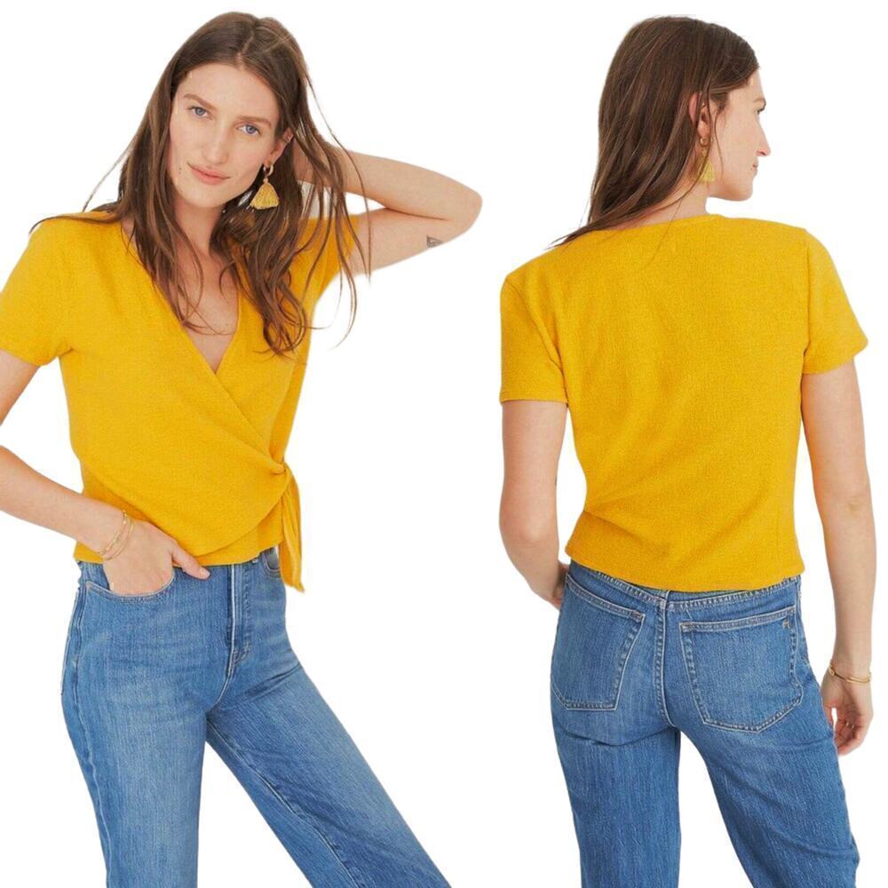 Madewell Top Women's Size XS Texture and Thread Wrap Tie Blouse Golden Yellow
